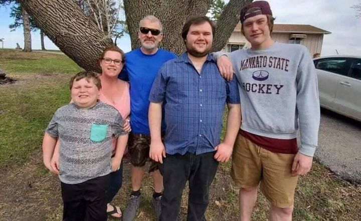 This photo provided by Nancy Sack shows Carter Lange, Kim Gustavson, Jason Lange, Matthew Gustavson and Travis Gustavson. Nancy Sack's grandson, Travis Gustavson, died at age 21 in Mankato after overdosing on what he thought was heroin but was actually laced with fentanyl.