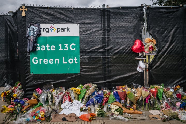 A makeshift memorial to those who died at the Astroworld festival sits outside Houston's NRG Park.