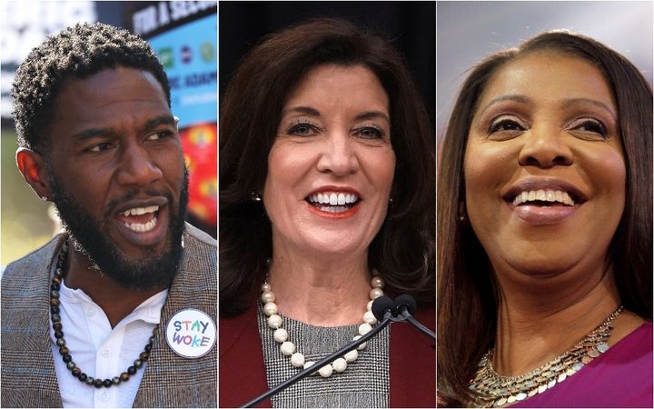 New York City Public Advocate Jumaane Williams (left), New York Gov. Kathy Hochul (center), and New York Attorney General Letitia James are competing for the Democratic gubernatorial nomination.