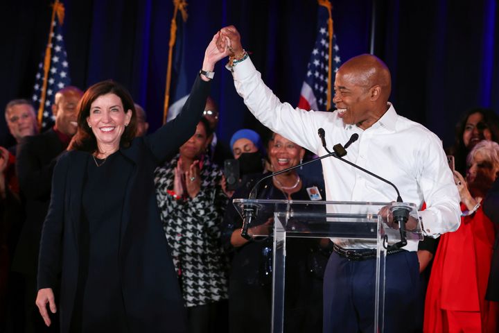 New York City Mayor-elect Eric Adams celebrates his general election victory with New York Gov. Kathy Hochul on Nov. 2. Adams has said he will endorse someone in the Democratic gubernatorial primary. 