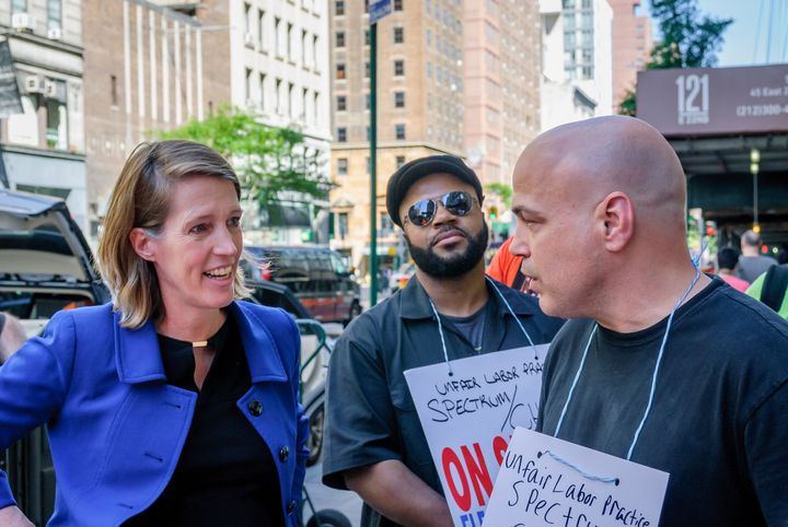 Law professor Zephyr Teachout, seen here talking to striking workers during her 2018 bid for attorney general, is running again. A win for her would signal progressive strength down ballot.