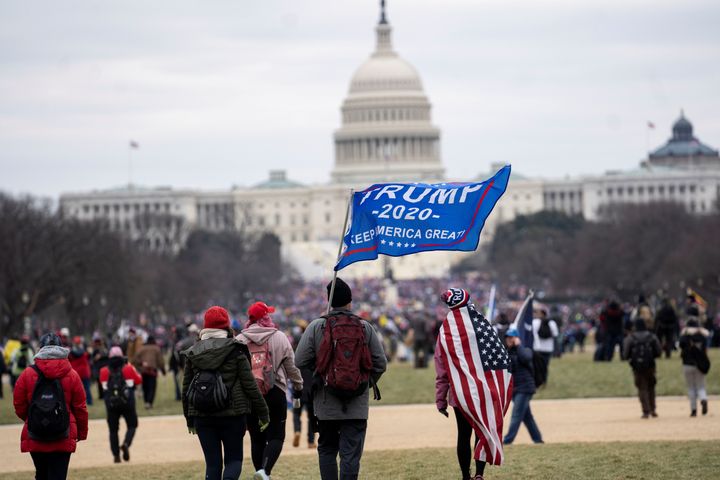 Supporters of President Donald Trump gather near the U.S. Capitol on Jan. 6 before storming the building. Trump's attorneys are now arguing that Democrats in Congress are investigating the Capitol riot "to effectively intimidate and harass President Trump and his closest advisors."