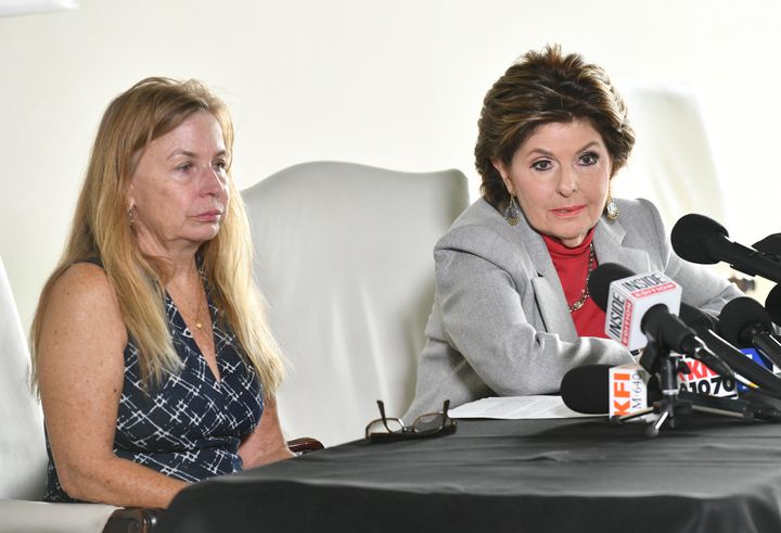 Gloria Allred (right) speaks during a press conference with her client, "Rust" script supervisor Mamie Mitchell.