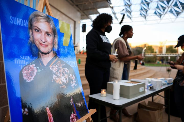 An image of cinematographer Halyna Hutchins at a vigil following her death. 
