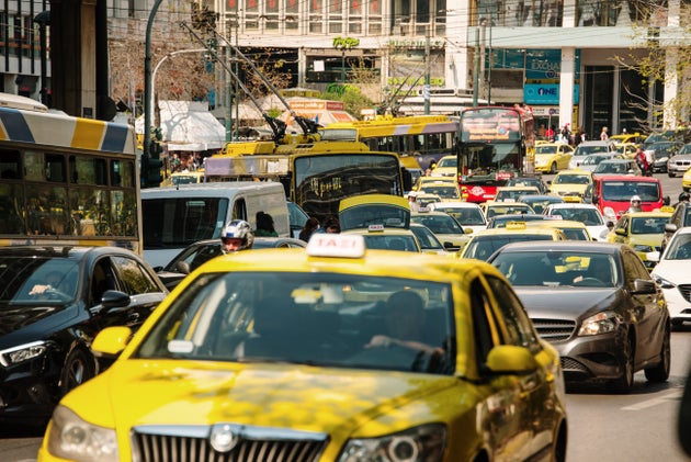 Athens, Greece. 25 March 2019: A large group of cars in an avenue of the city centre of Athens, Greece.