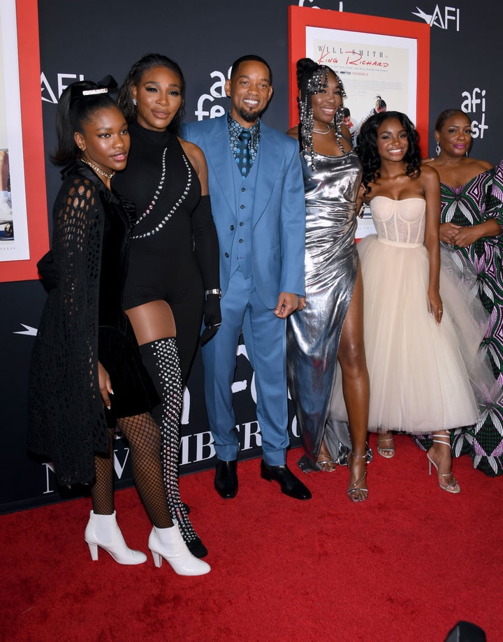 HOLLYWOOD, CALIFORNIA - NOVEMBER 14: (L-R) Demi Singleton, Serena Williams, Will Smith, Venus Williams, Saniyya Sidney, and Aunjanue Ellis attend the 2021 AFI Fest Closing Night Premiere of Warner Bros. "King Richard" at TCL Chinese Theatre on November 14, 2021 in Hollywood, California. (Photo by Jon Kopaloff/Getty Images)