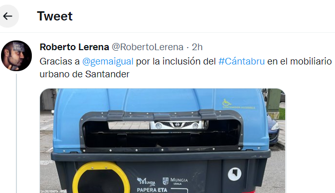 Tuit con la foto del llamativo contenedor encontrado en Santander.
