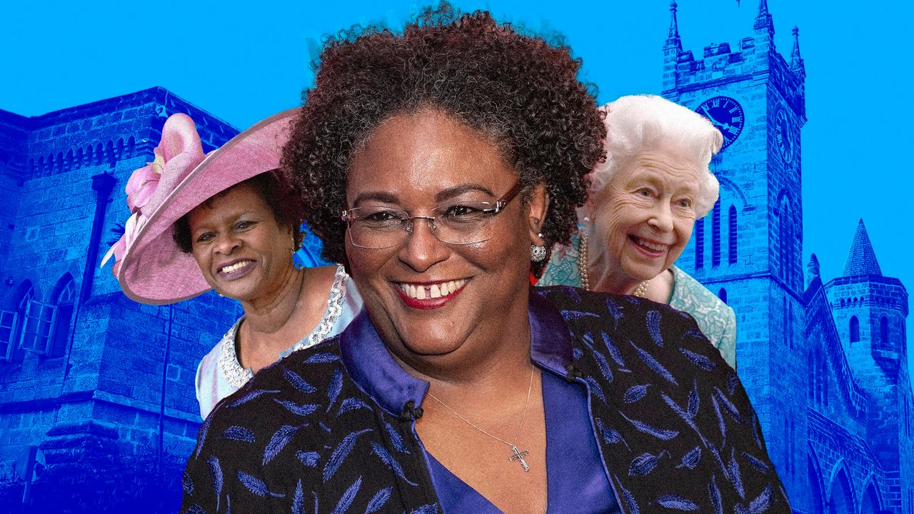 When Barbados transitions to a parliamentary republic, President-elect Sandra Mason (left) will take office and become head of state, a role that has belonged to Queen Elizabeth (right). Mia Mottley (center) will remain as prime minister.