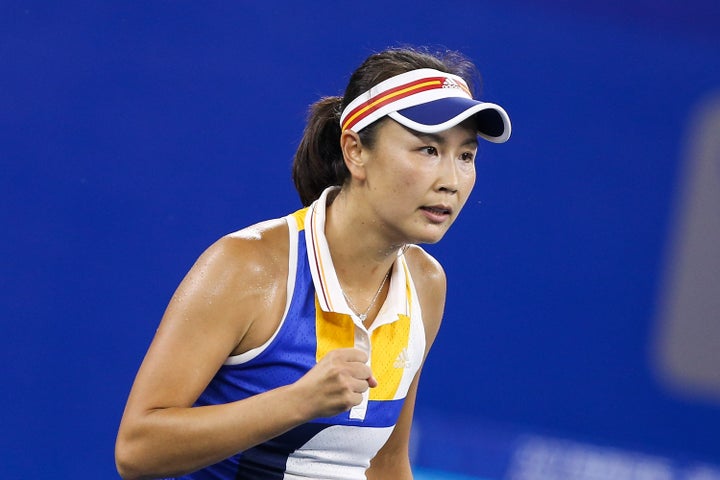 Peng Shuai of China reacts during the 2017 Dongfeng Motor Wuhan Open on Sept. 26, 2017 in Wuhan, China. 