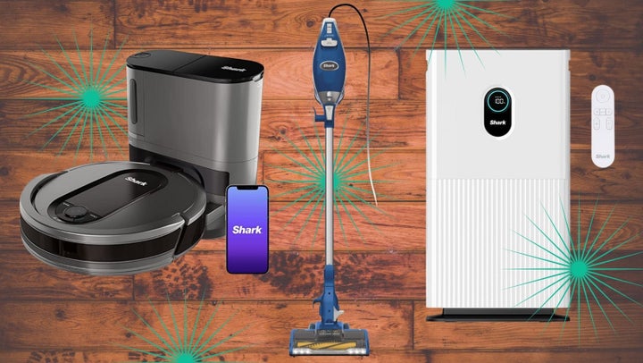 Left to right: Shark's EZ robot vacuum, Rocket corded stick vacuum and HE601 air purifier.