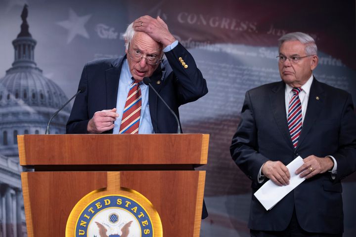 Sens. Bernie Sanders (I-Vt.) and Robert Menendez (D-N.J.) hold a news conference about state and local tax (SALT) deductions as part of the Build Back Better reconciliation legislation at the U.S. Capitol on Nov. 3, 2021.