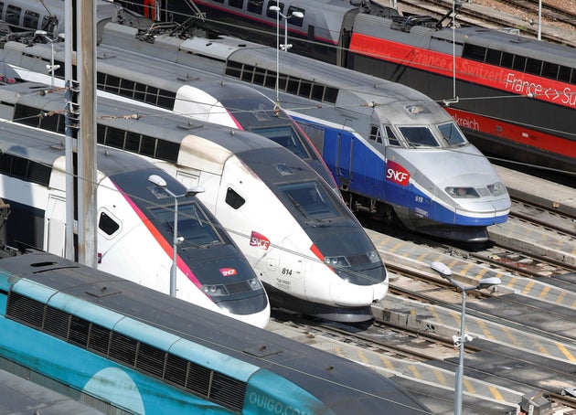 Des TGV stationnés dans une gare de dépôt SNCF à Charenton-le-Pont (Val-de-Marne), le 29 avril 2020.
