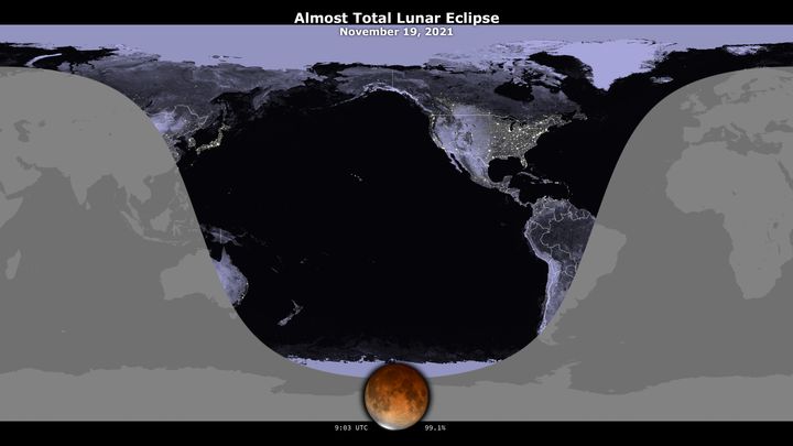 This map from NASA's Scientific Visualization Studio shows where moongazers will be able to view the eclipse.