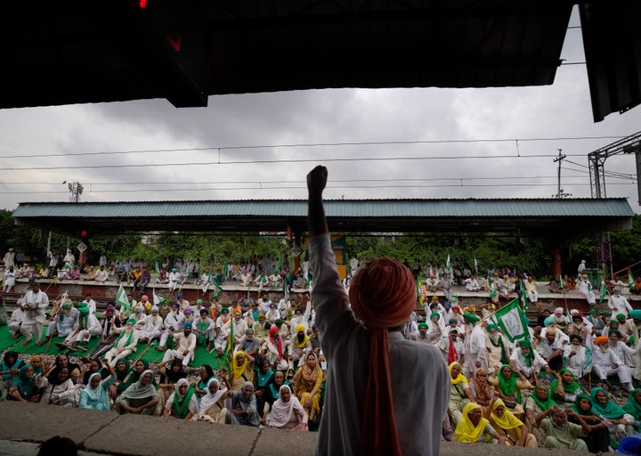 Farmers protesting against contentious agriculture laws block trains for six hours in Bahadur Garh on the outskirts of New Delhi. The farmers were also protesting against recent killing of four farmers in Lakhimpur Kheri.