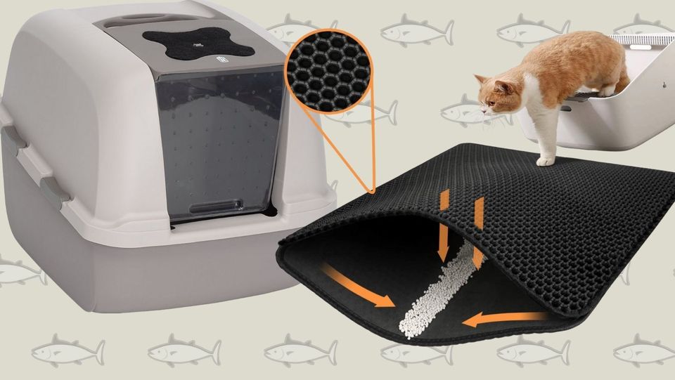 A litter-trapping mat and covered litter box so your cat can do their business in private