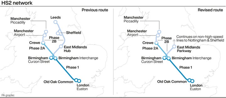 The previous HS2 plan and the newly revised plan (right)