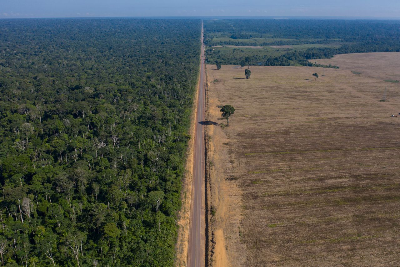 Σε αυτήν τη φωτογραφία αρχείου της 25ης Νοεμβρίου 2019, ο αυτοκινητόδρομος BR-163 εκτείνεται μεταξύ του Εθνικού Δρυμού Tapajos, αριστερά, και ενός χωραφιού σόγιας στο Belterra, στην πολιτεία Para, στη Βραζιλία. Τα προκαταρκτικά στοιχεία που δημοσιεύθηκαν στις 4 Ιουνίου 2021, έδειχναν ότι η αποψίλωση των δασών του Αμαζονίου της Βραζιλίας τον Μάιο του 2021 επέκτεινε τη φετινή άνοδο σε σύγκριση με το 2020. (AP Photo/Leo Correa, Αρχείο)