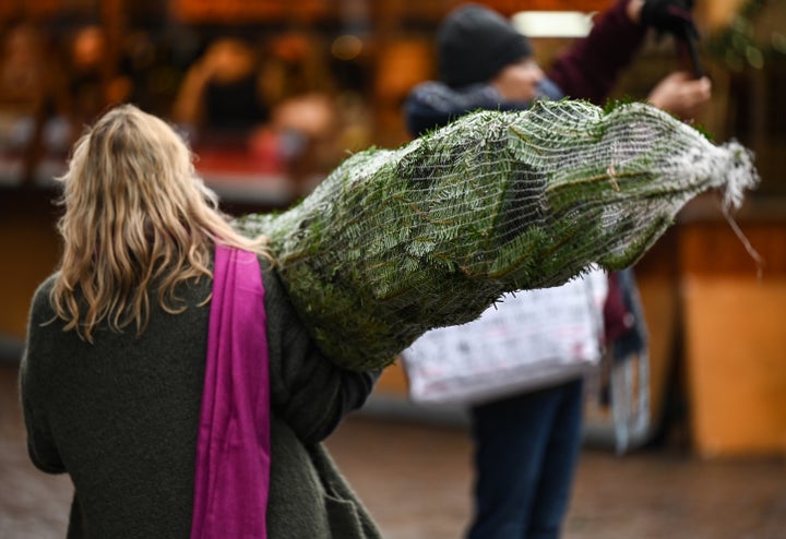 Una mujer camina con un árbol de Navidad por la calle.
