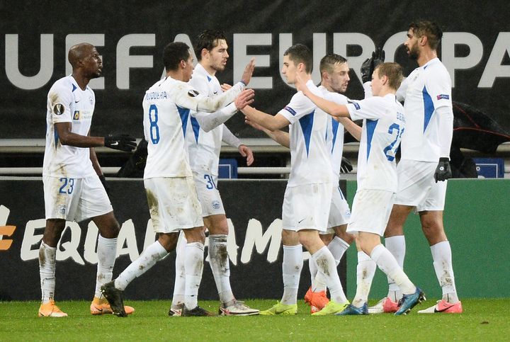 Soccer Football - Europa League - Group L - Gent v Slovan Liberec - Ghelamco Arena, Ghent, Belgium - December 3, 2020 Slovan Liberec's Kamso Mara celebrates scoring their first goal with teammates REUTERS/Johanna Geron