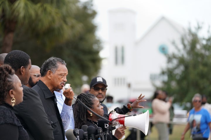 Rev. Jesse Jackson speaks to demonstrators at the Glynn County Courthouse after the adjournment of daily court proceedings in the trial for the killers of Ahmaud Arbery on November 18, 2021 in Brunswick, Georgia.