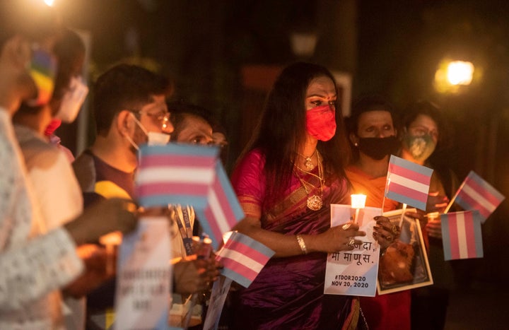 People attend a Transgender Day of Remembrance candlelit vigil on Nov. 20, 2020, in Pune, India.