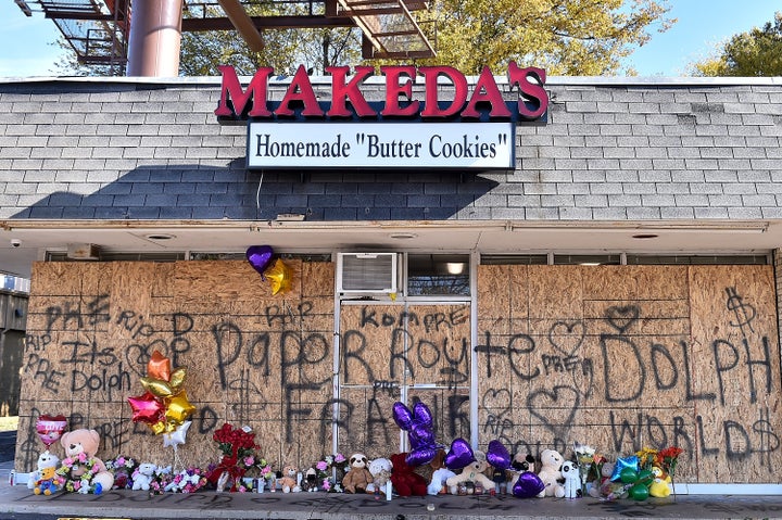 MEMPHIS, TENNESSEE - NOVEMBER 18: Fans of Young Dolph set up a memorial outside of Makeda's Cookies bakery on November 18, 2021 in Memphis, Tennessee. 