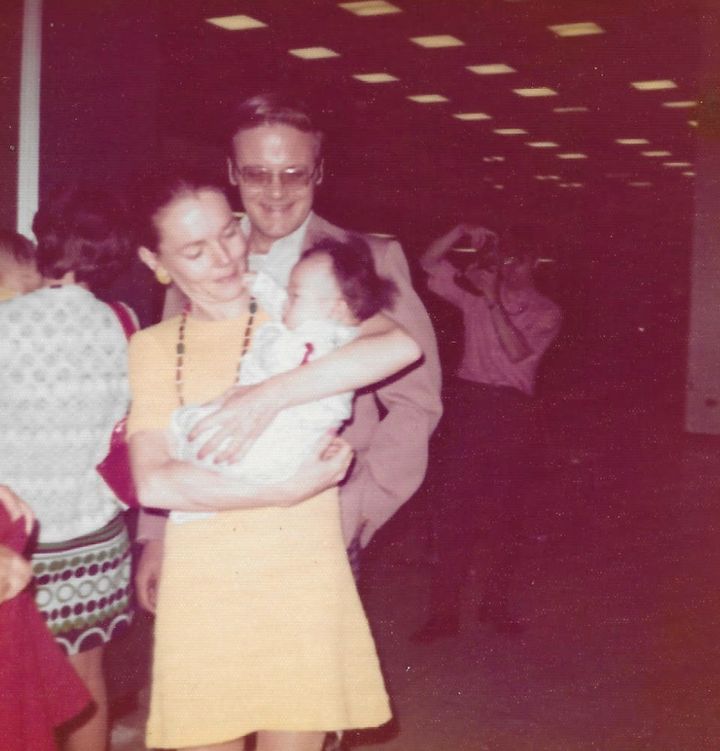 The author at six months, arrived at JFK airport in Seoul, where she met her parents for the first time (1974).