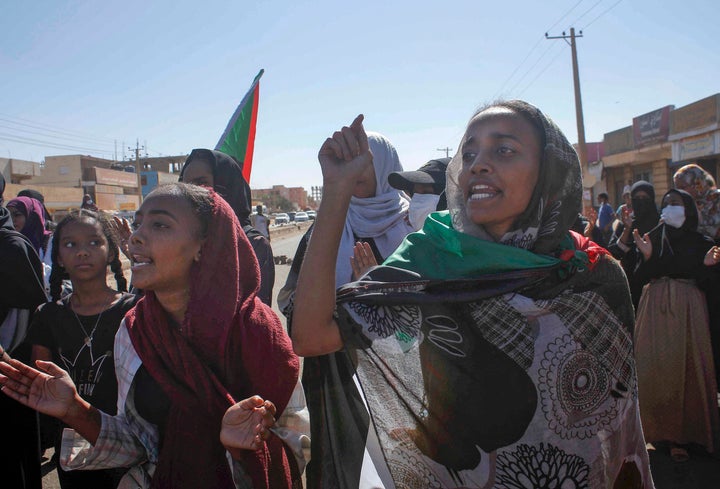 Sudanese women chant during a demonstration calling for a return to civilian rule in the capital Khartoum, on Nov. 21, 2021. 