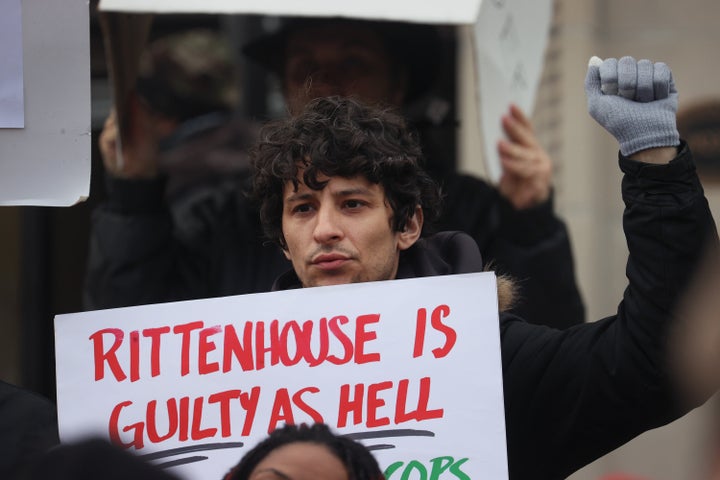 Demonstrators gather outside of the Kenosha County Courthouse as the jury deliberated during the Rittenhouse trial