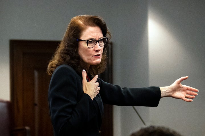 Prosecutor Linda Dunikoski presents a closing argument to the jury during the trial of Travis McMichael, Gregory McMichael and William "Roddie" Bryan at the Glynn County Courthouse in Brunswick, Georgia, on Monday. The three men are charged with the February 2020 slaying of 25-year-old Ahmaud Arbery.