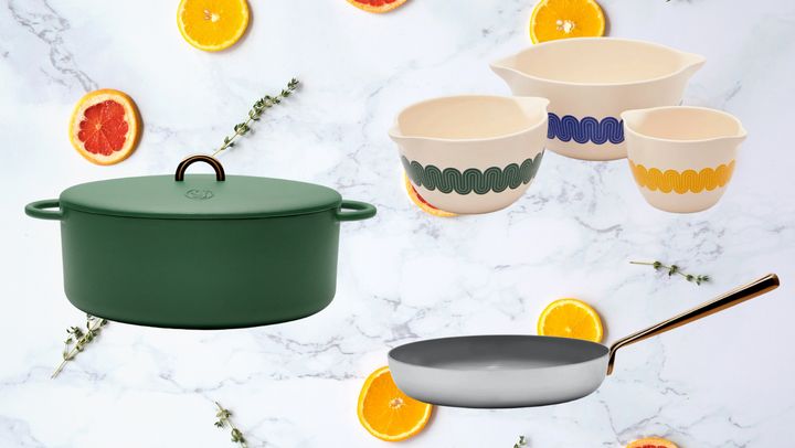 From left to right: Great Jones Dutch oven, mixing bowl set and frying pan.
