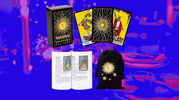A set of tarot cards with a tarot guide and celestial bag from Amazon. 