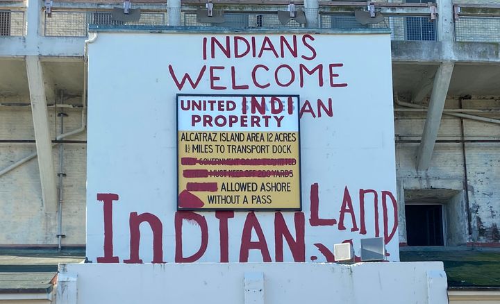 A graffitied sign that remains from the 1969 Occupation of Alcatraz. The National Park Service, which took over stewardship of the island in 1972, has made efforts to preserve evidence of the Indigenous activists' occupation.