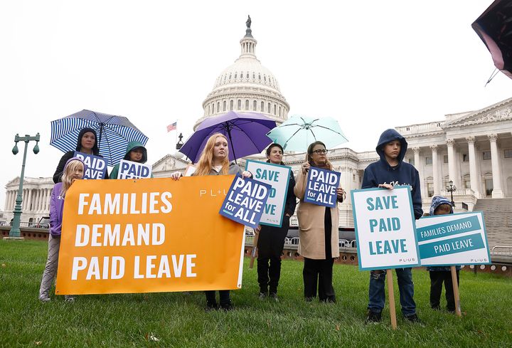 Parents and caregivers call on Congress to include paid family and medical leave in the Build Back Better legislative package during an all-day vigil on Nov. 2.
