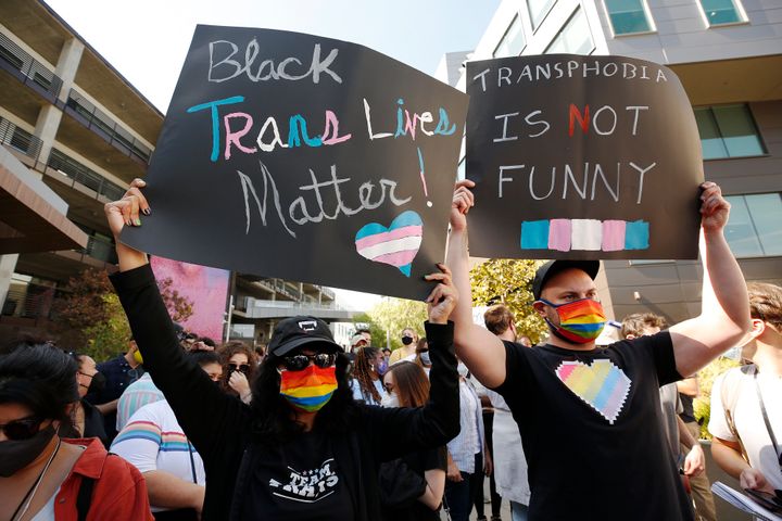 Members of the Netflix employee resource group Trans* staged a walkout at a Netflix location in Los Angeles on Oct. 20.