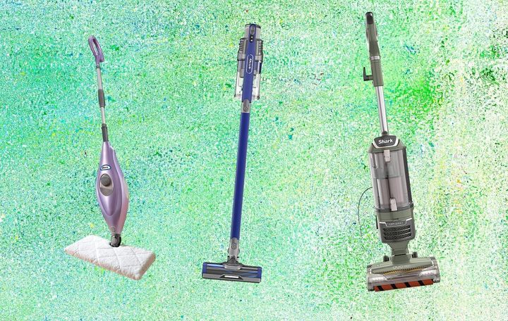 Left to right: Shark's steam pocket mop hard floor cleaner, anti-allergen pet power cordless stick vac and Rotator lift-away Duoclean Pro upright vacuum.