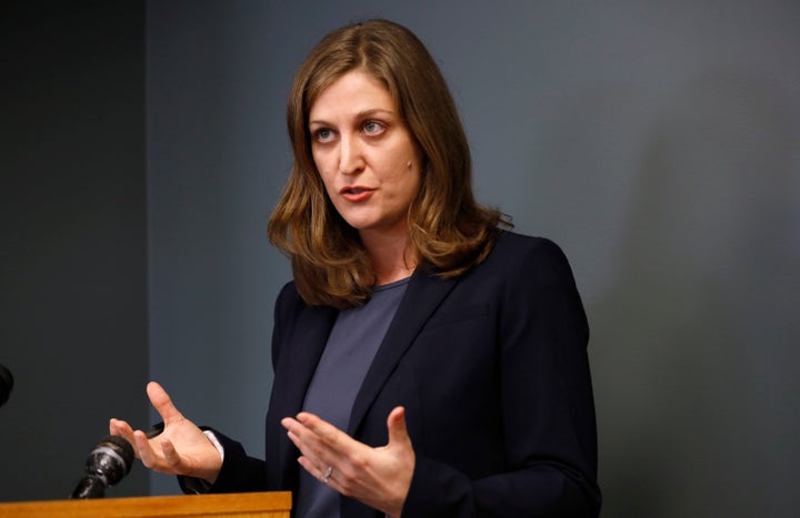 FILE - American Civil Liberties Union of Iowa Legal Director Rita Bettis Austen speaks during a news conference in Des Moines, Iowa, May 15, 2018. An Iowa law that prohibits Medicaid coverage for sex reassignment surgeries for transgender residents violates state law and the state constitution, a judge ruled in a decision made public Monday, Nov. 22, 2021. Bettis Austen says it's an historic win for civil rights in Iowa. Gov. Kim Reynolds says she disagrees with the district court's ruling and is exploring all options moving forward. (AP Photo/Charlie Neibergall, File)