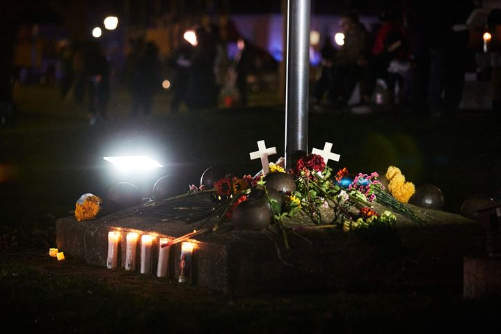 A makeshift memorial is pictured during a candlelight vigil in Cutler Park in Waukesha, Wisconsin, on Nov. 22, the day after a vehicle drove through a Christmas parade.