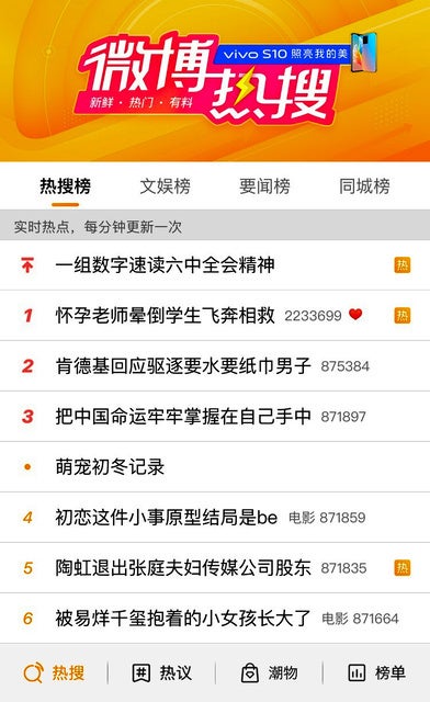 中国のSNSの検索ワードランキングでは、芸能人などのエンタメ情報が上位に入ることが多い=中国版ツイッター微博(ウェイボー)の画面