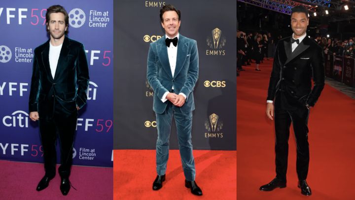 Lately, celebrities including (left to right) Jake Gyllenhaal, Jason Sudeikis and Rege-Jean Page have worn velvet suits on the red carpet. 