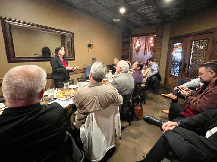 Republican Senate candidate Jane Timken discusses parental rights issues with Republicans in Westlake, Ohio.