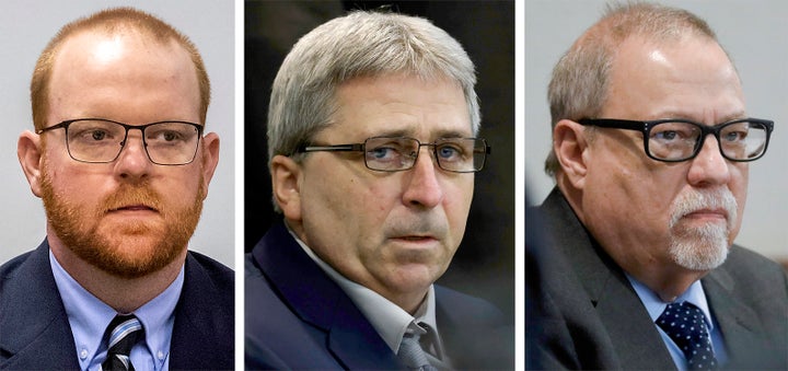 This photo combination shows, from left, Travis McMichael, William "Roddie" Bryan and Gregory McMichael during their trial at at the Glynn County Courthouse in Brunswick, Georgia.