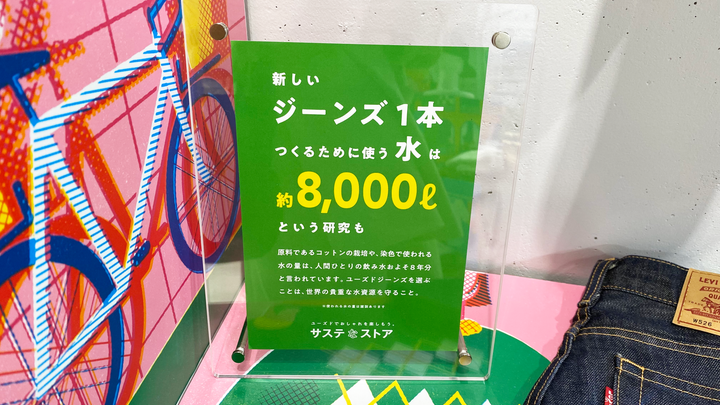 商品の横には、ファッションの製造過程における環境負荷を表現したポップが並んでいる。