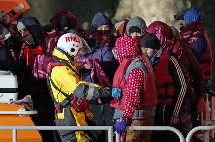 A group of people thought to be migrants are brought in to Dover, Kent, by the RNLI, following a small boat incident in the Channel after 27 people died yesterday in the worst-recorded migrant tragedy in the Channel. Picture date: Thursday November 25, 2021. (Photo by Gareth Fuller/PA Images via Getty Images)