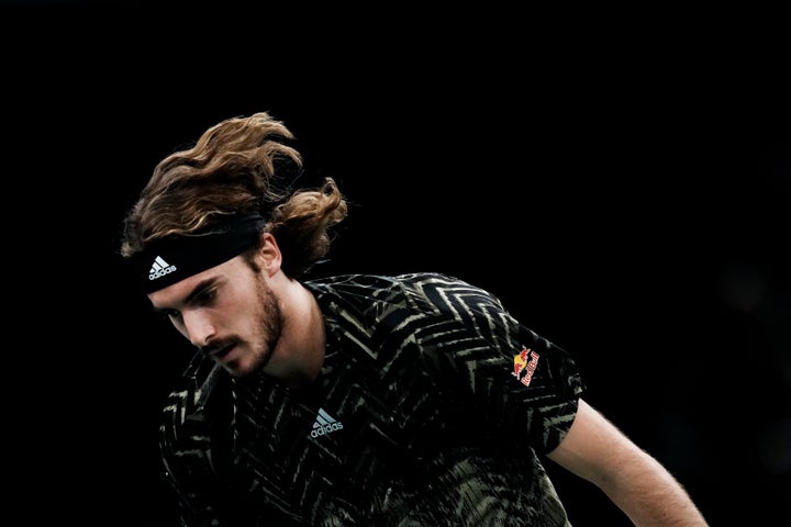 Stefanos Tsitsipas of Greece during his match against Alexei Popyrin of Australia, at the Paris Masters tennis tournament at the Accor Arena in Paris, Wednesday, Nov. 3, 2021. (AP Photo/Thibault Camus)