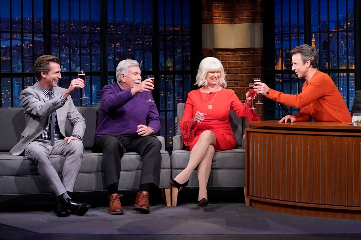 From left: Josh, Larry and Hilary Meyers on "Late Night With Seth Meyers" this week.