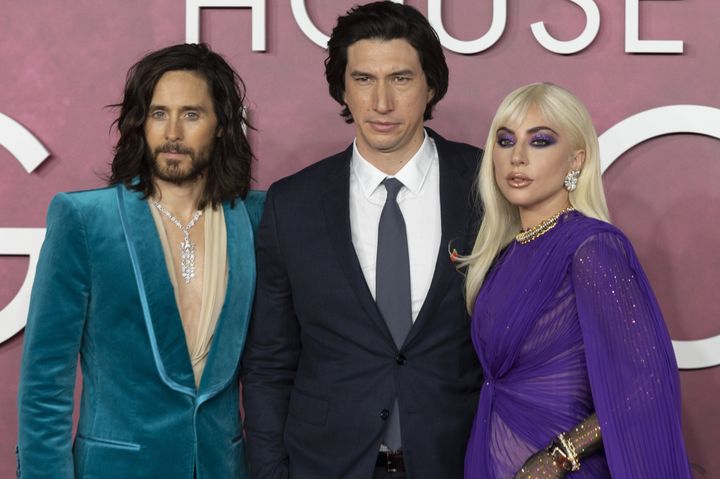 Jared Leto (left) with his "House of Gucci" co-stars Adam Driver and Lady Gaga. 