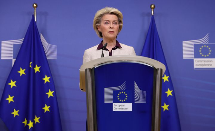 European Commission President Ursula Von der Leyen gives a press conference on new variant B.1.1.529 of COVID-19 in Brussels, Belgium on November 26, 2021. (Photo by Dursun Aydemir/Anadolu Agency via Getty Images)