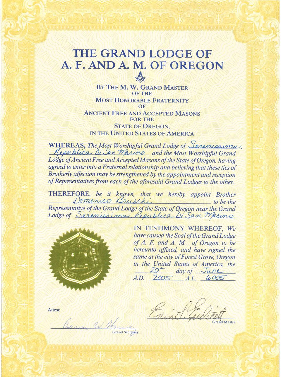 Il documento della Loggia massonica dell’Oregon che riconosce la Serenissima Loggia della Repubblica...