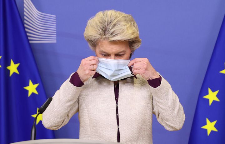 European Commission President Ursula Von der Leyen gives a press conference on new variant B.1.1.529 of coronavirus (Covid-19) in Brussels, Belgium on November 26, 2021. 